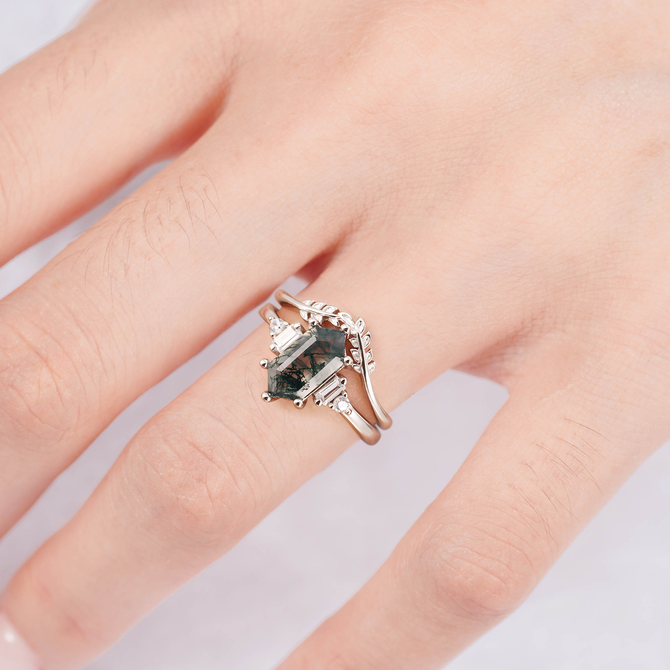 Desi Moss Agate Quartz Leaf Ring Set Sterling Silver