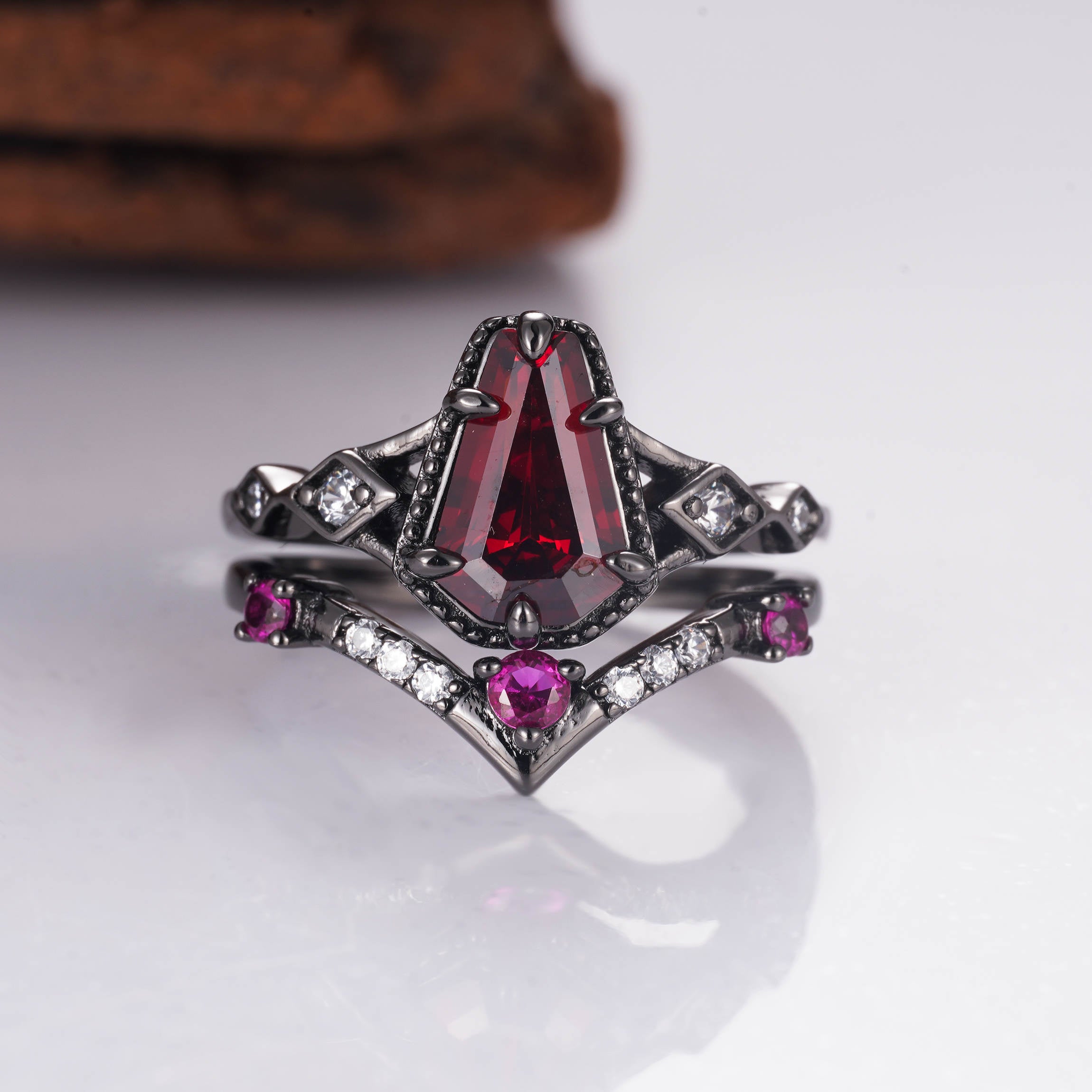 Atra Pink Sapphire and Garnet Ring Set in Black Gold Vermeil