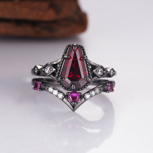 Atra Natural Coffin Cut Pink Sapphire and Garnet Ring Set