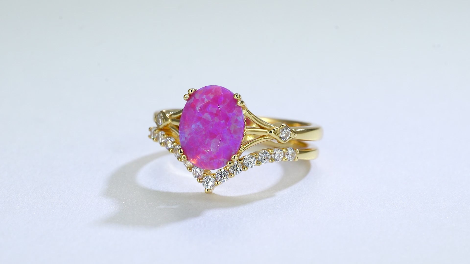 Pink opal ring with gold vermeil band and crystal accents