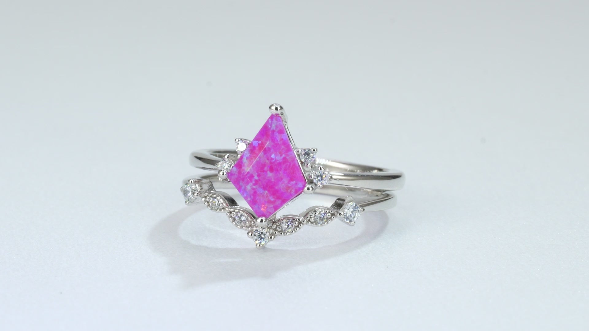 Pink opal ring with sterling silver band and crystal accents