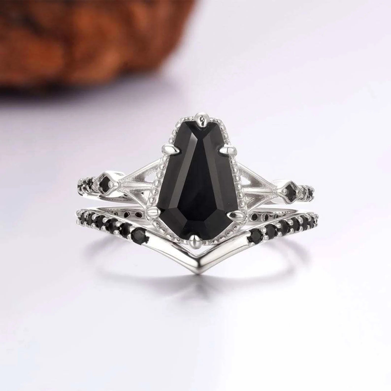 Coffin black onyx sterling silver ring with crystal accents