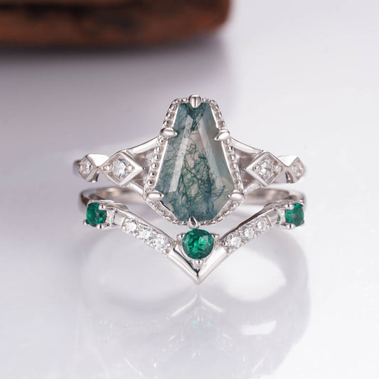 Atra Coffin Cut Moss Agate Quartz amd Emerald Ring Set Sterling Silver