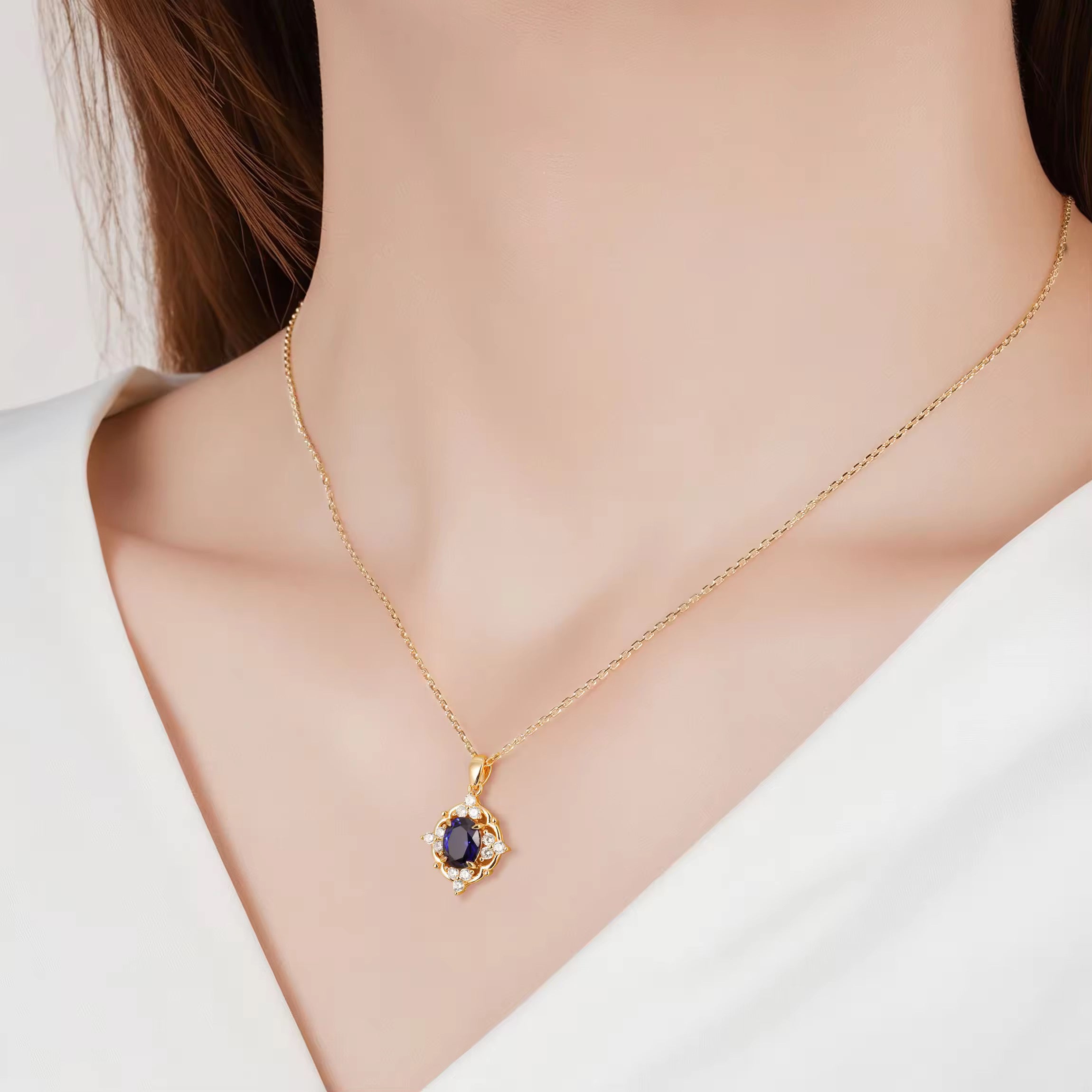 Sapphire necklace with rose gold setting and crystal accents | 14K Gold Vermeil
