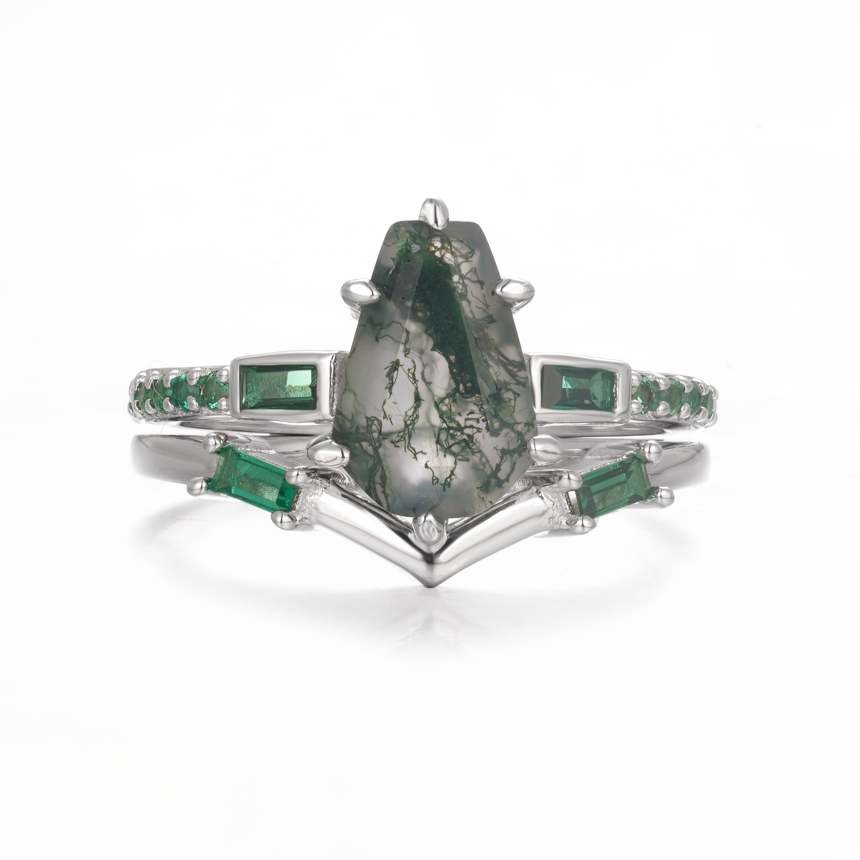Amy Coffin Moss Agate Quartz and Emerald Ring Set