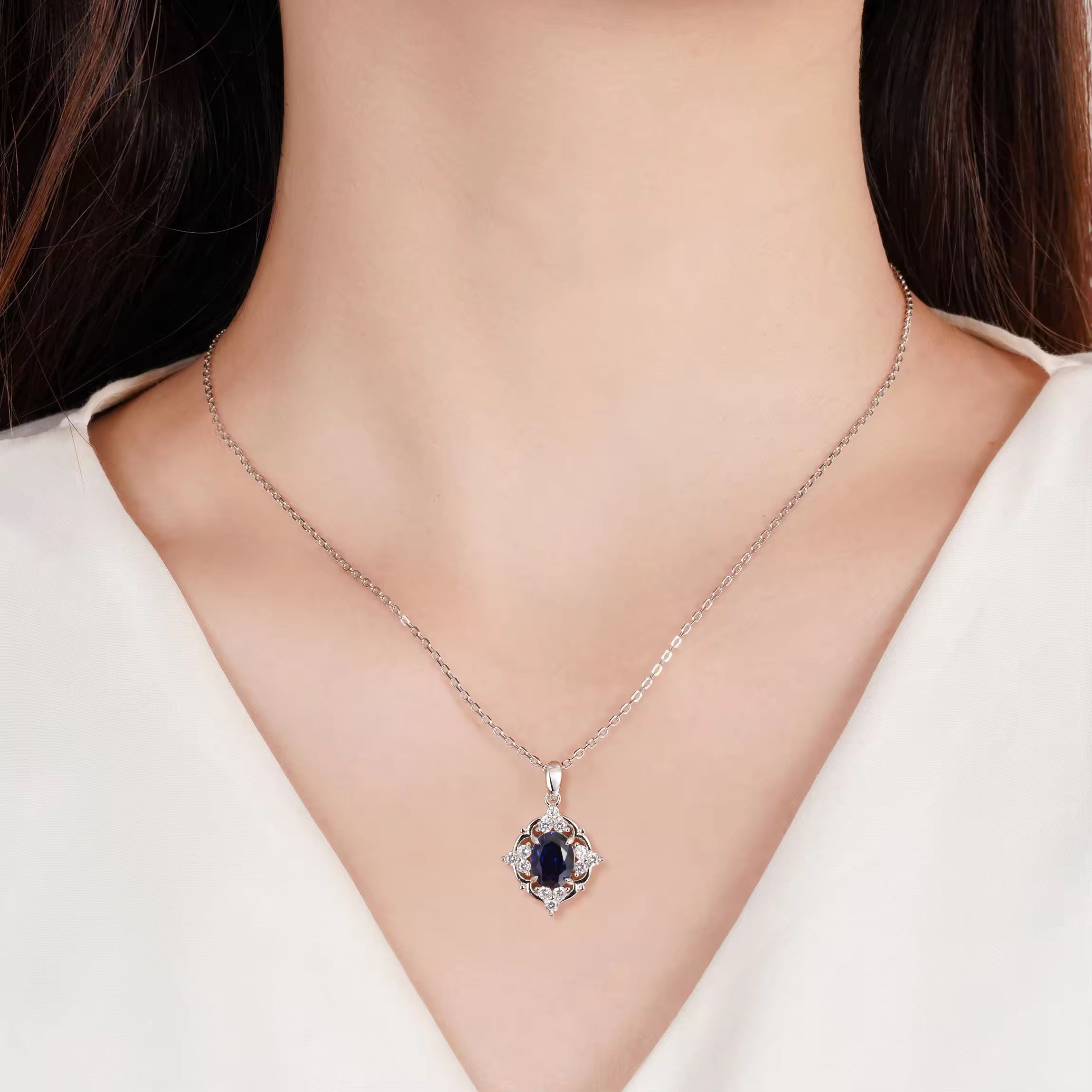 Sapphire necklace with rose gold setting and crystal accents | Sterling Silver