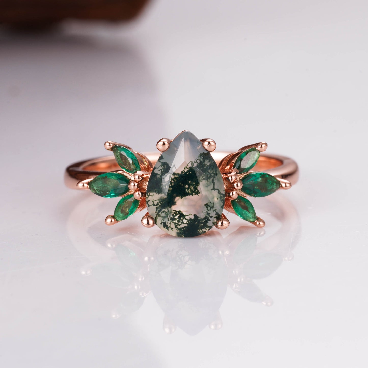 Ivy Moss Agate and Emerald Ring Rose Gold