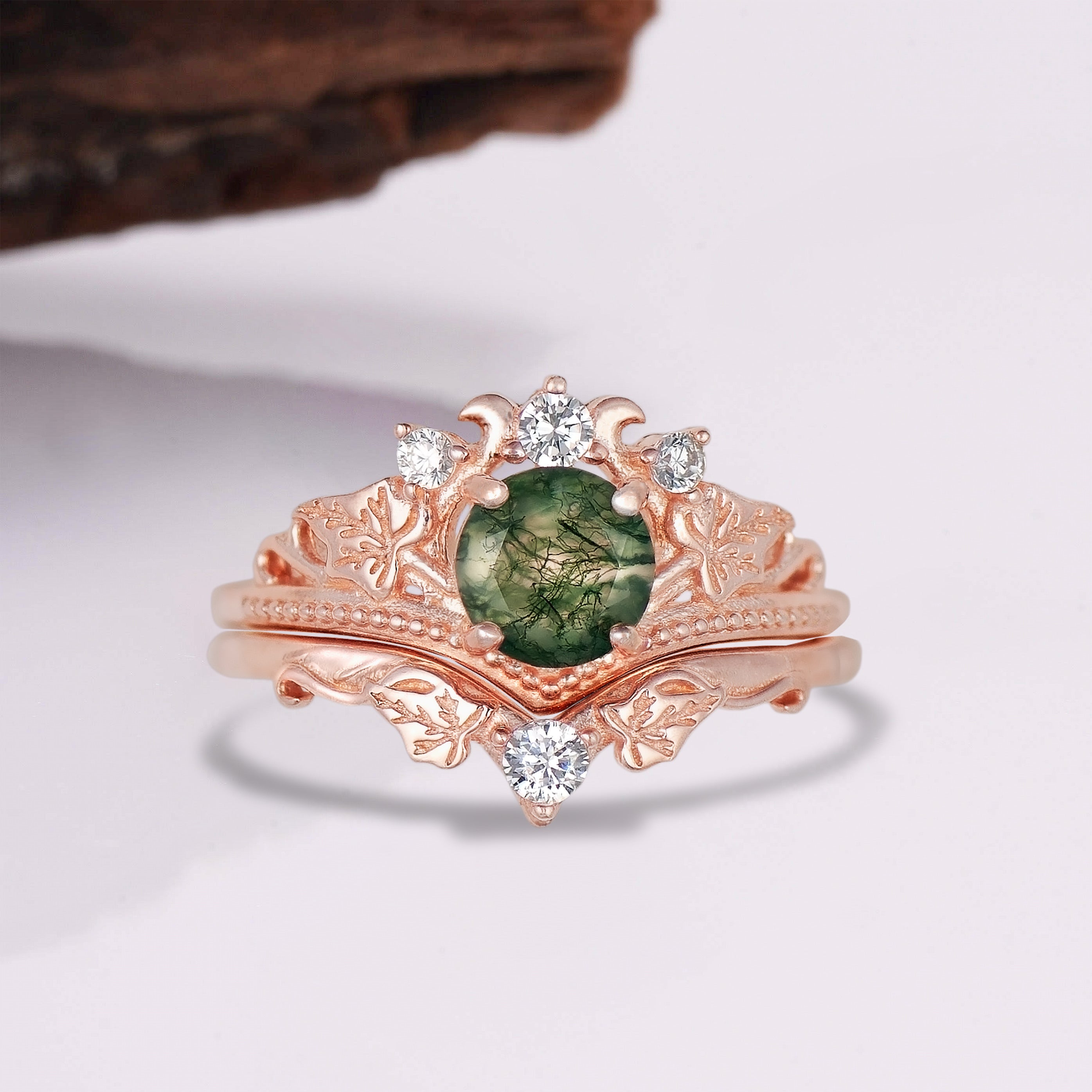 Rose Gold Moss Agate Ring Set with Green Agate and Quartz