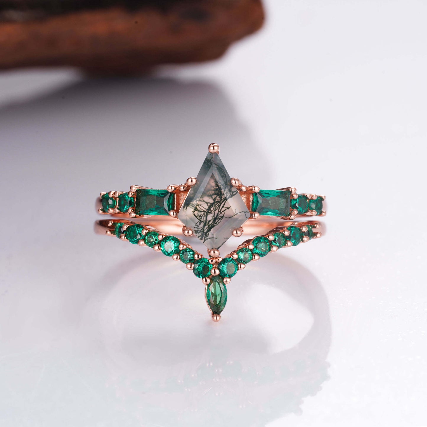 Oya Moss Agate Quartz and Emerald Ring Set Rose Gold
