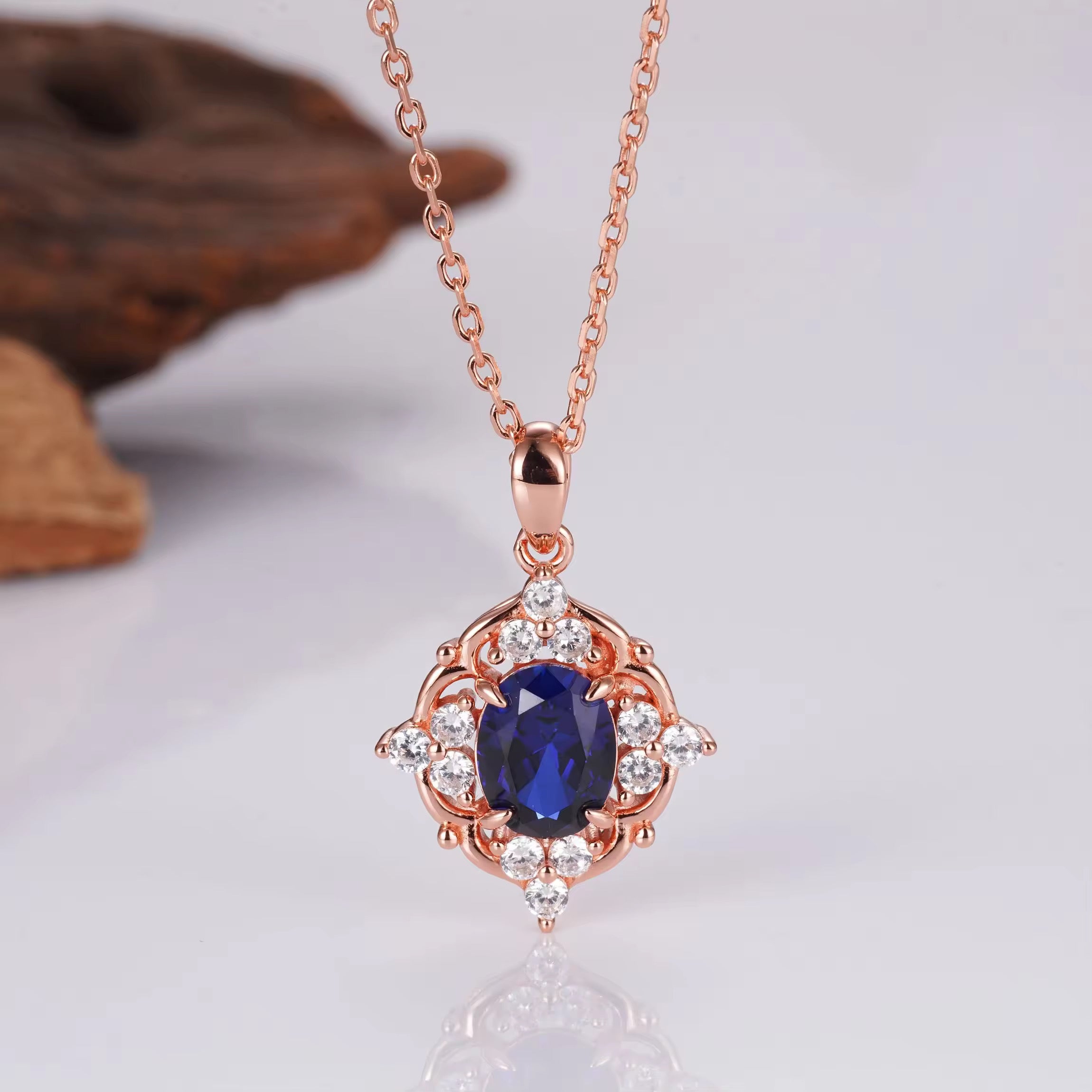 Sapphire necklace with rose gold setting and crystal accents | 14K Rose Gold Vermeil
