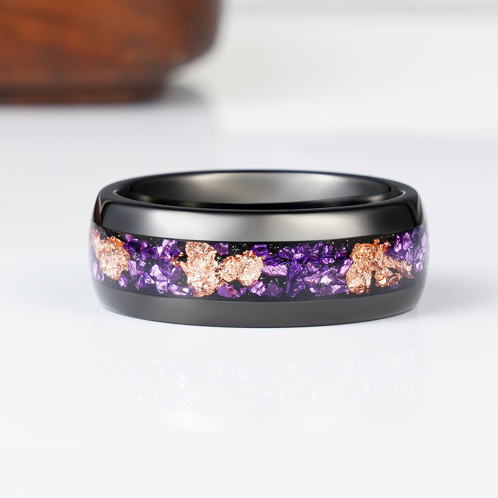 Mensi Natural Amethyst and 14K Gold Leaf Black Wedding Band