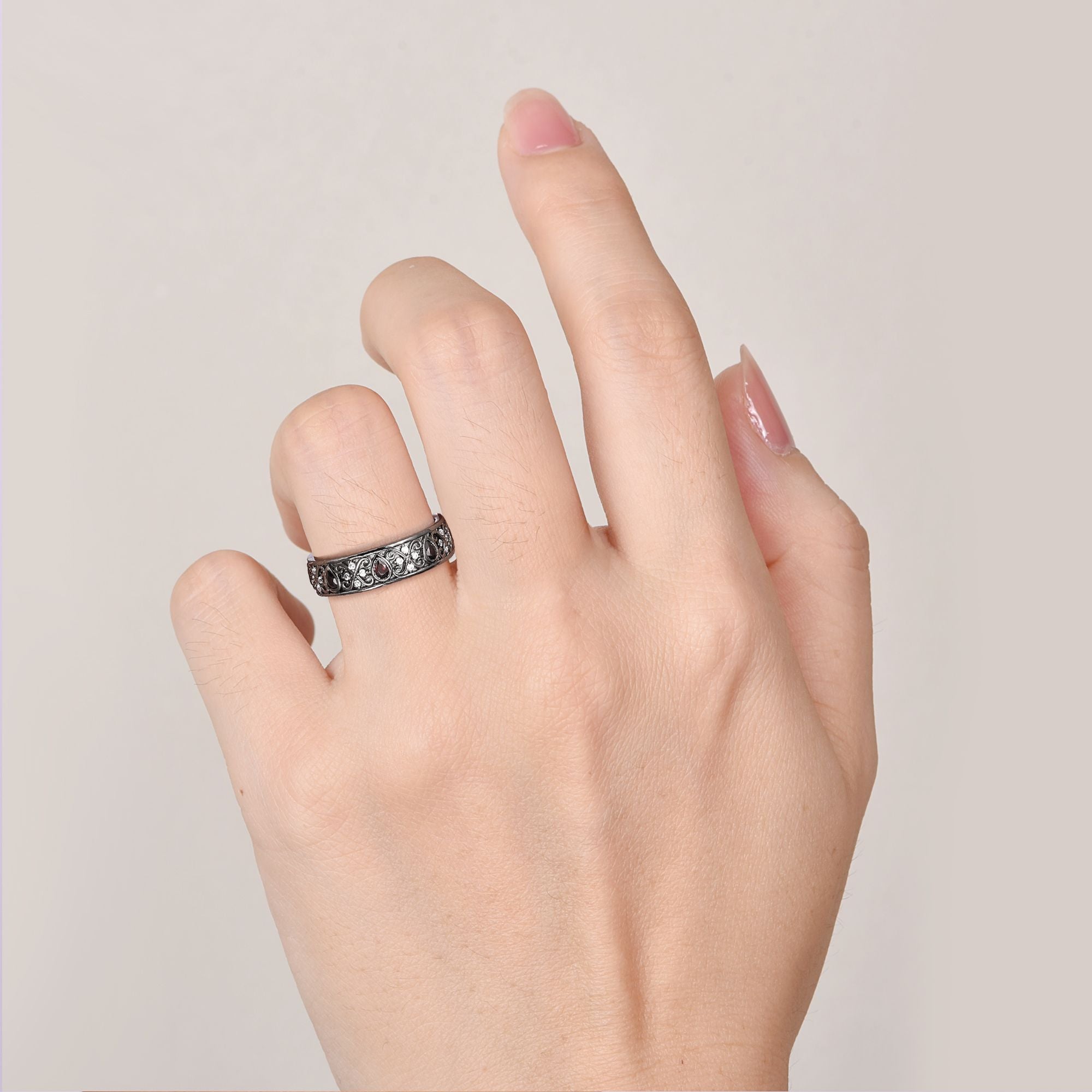 Maggie Natural Red Garnet Black Gold Couple's Ring Set