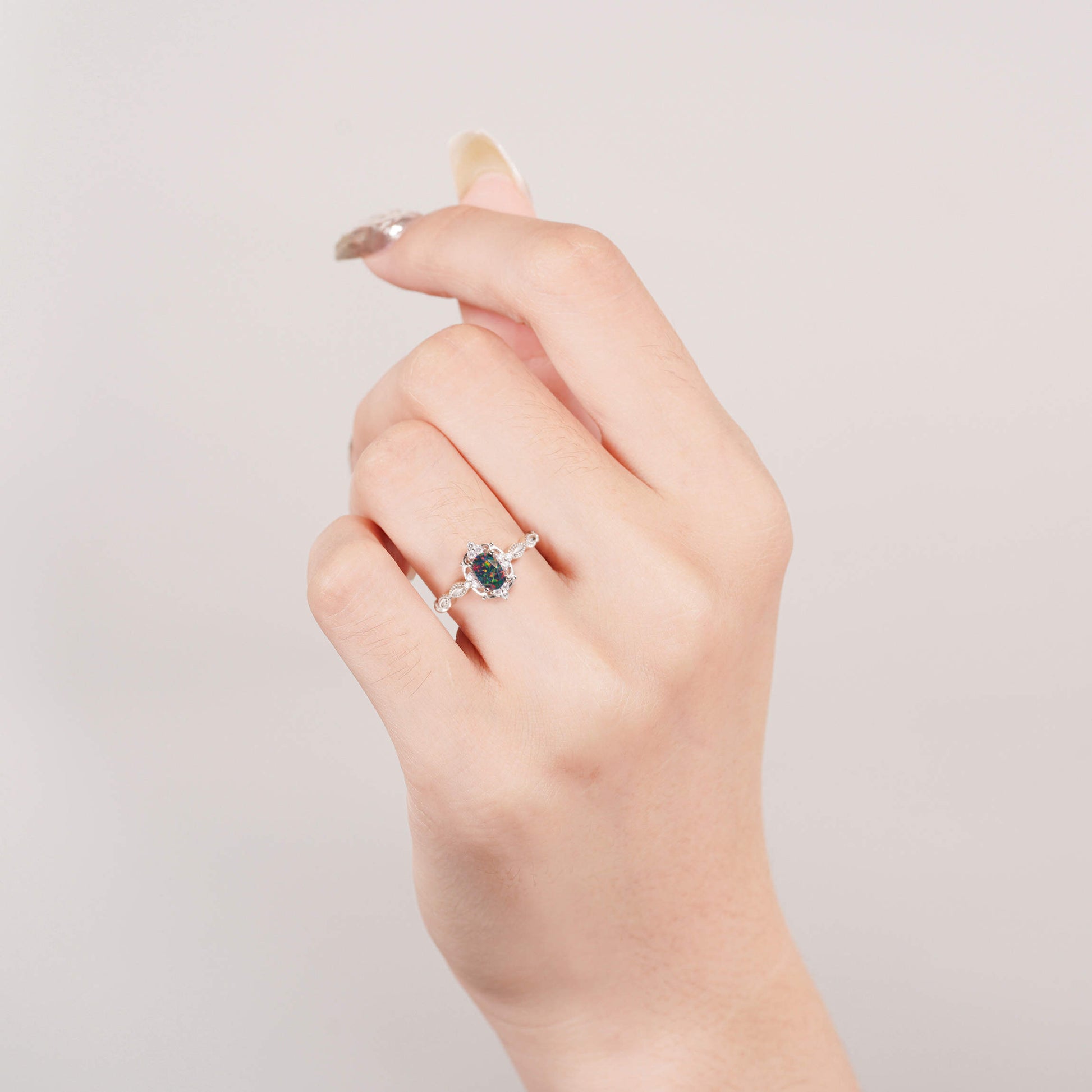 Fia Black Opal Ring with natural opal and crystal accents