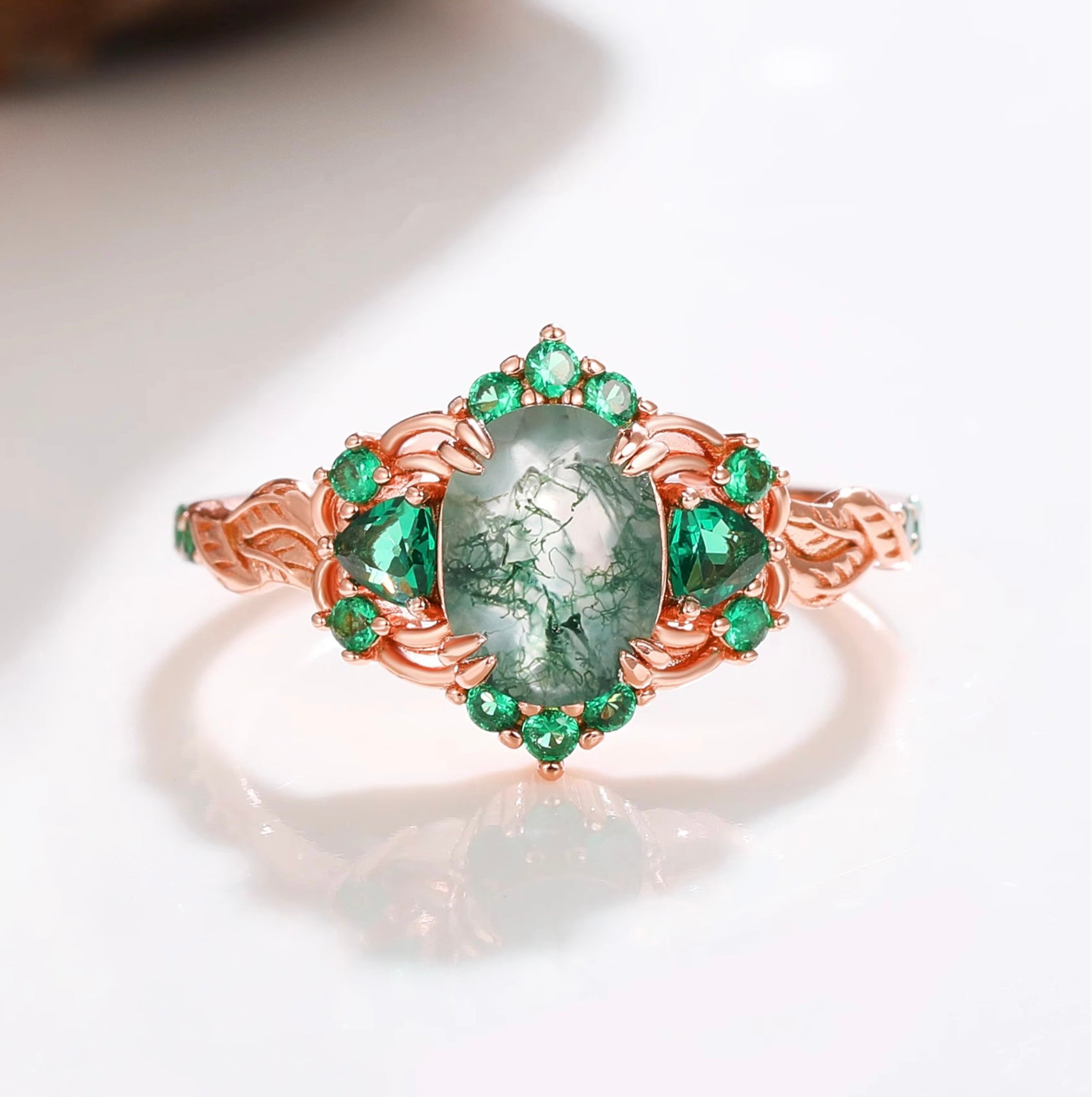 Lilly Moss Agate and Emerald Ring