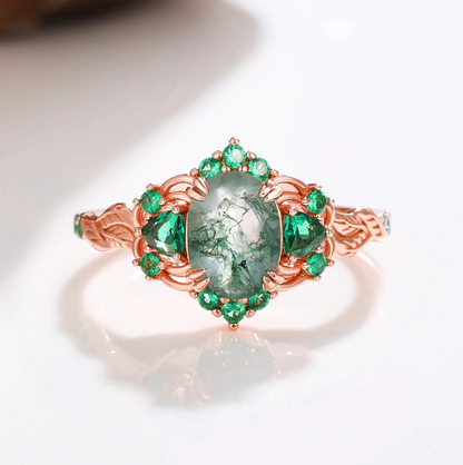 Lilly Moss Agate and Emerald Ring