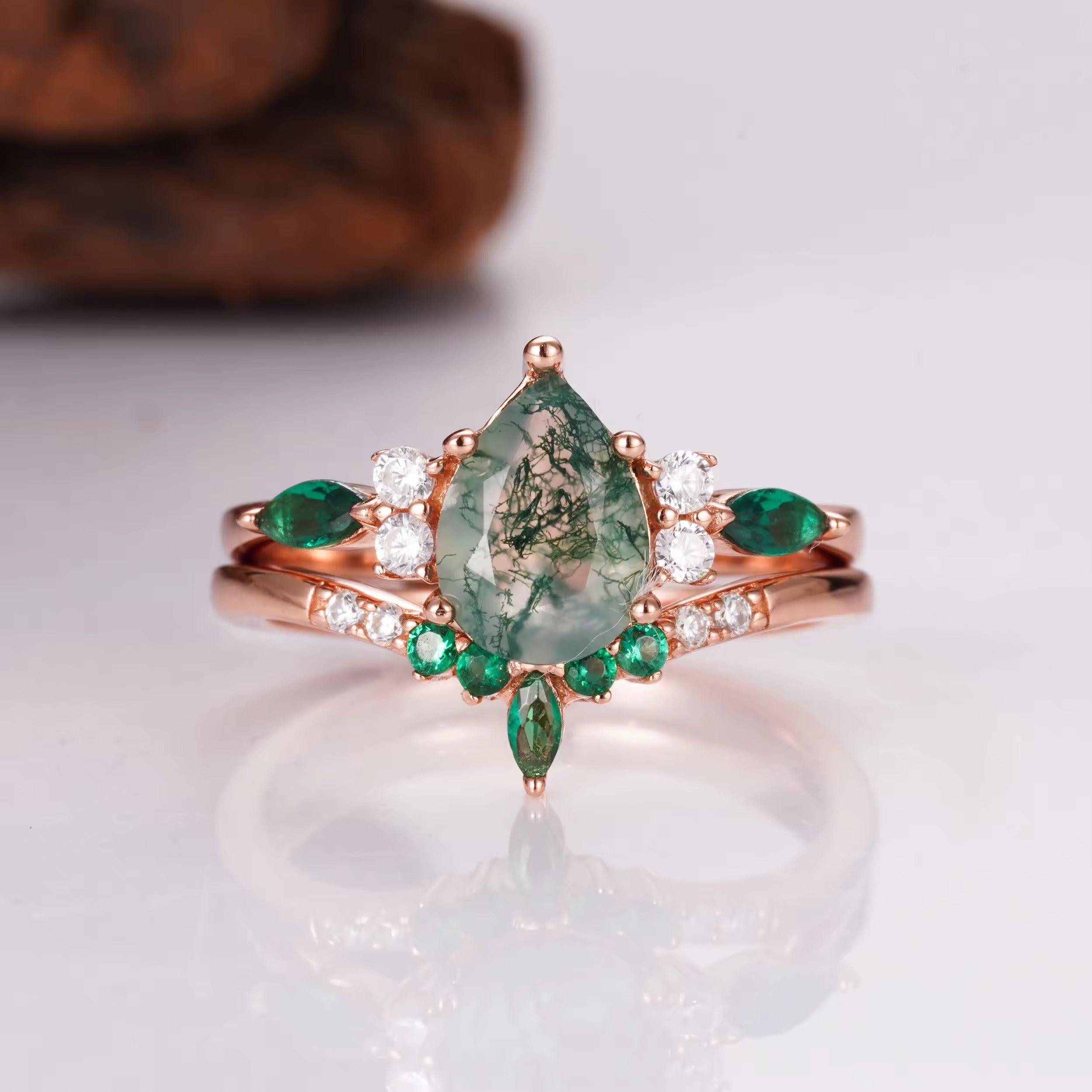 Erin Moss Agate and Emerald Ring Set