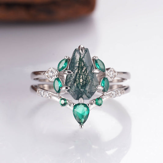 Skye Coffin Cut Moss Agate Quartz amd Emerald Ring Set Sterling Silver
