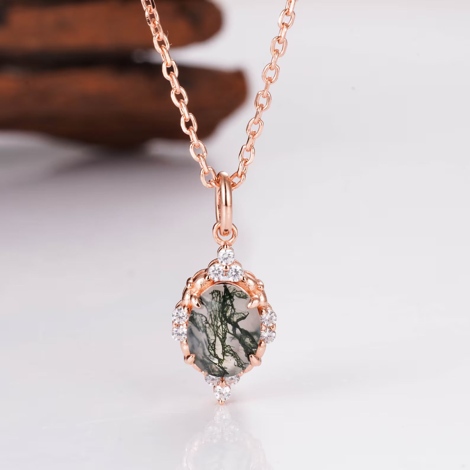 Brya Moss Agate Necklace Rose Gold