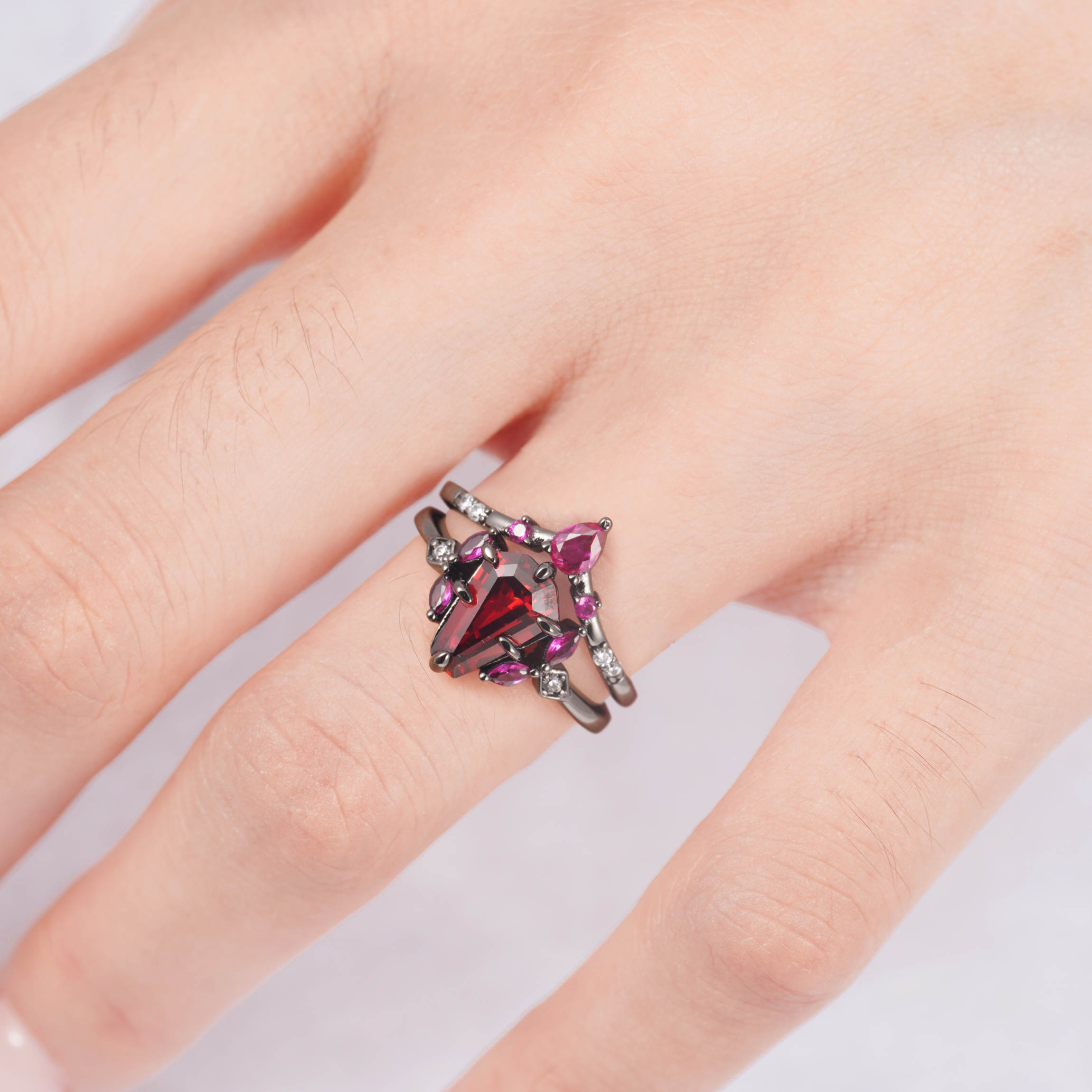 Coffin cut garnet and pink sapphire ring in gold vermeil