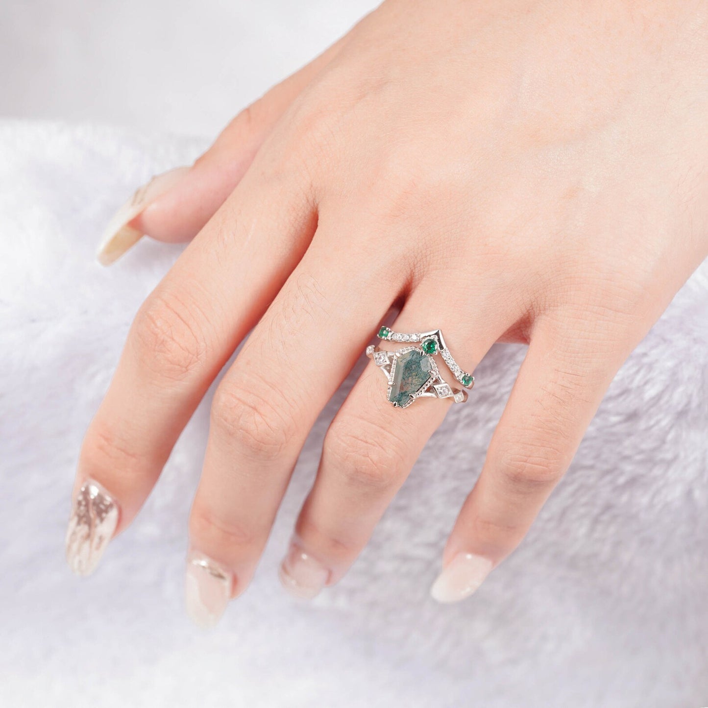 Atra Moss Agate Quartz amd Emerald Ring Set Sterling Silver