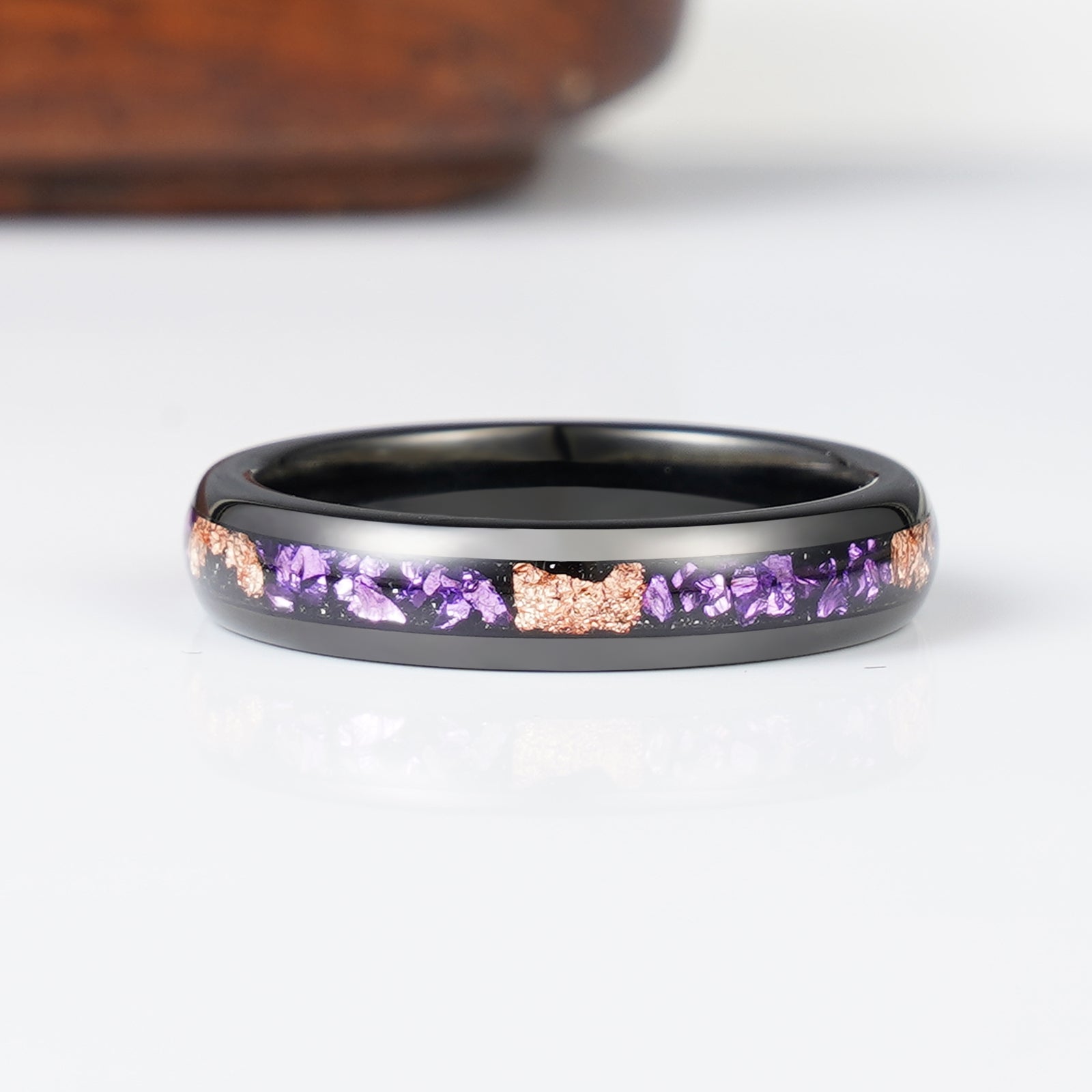 Amethyst and gold leaf black tungsten wedding band