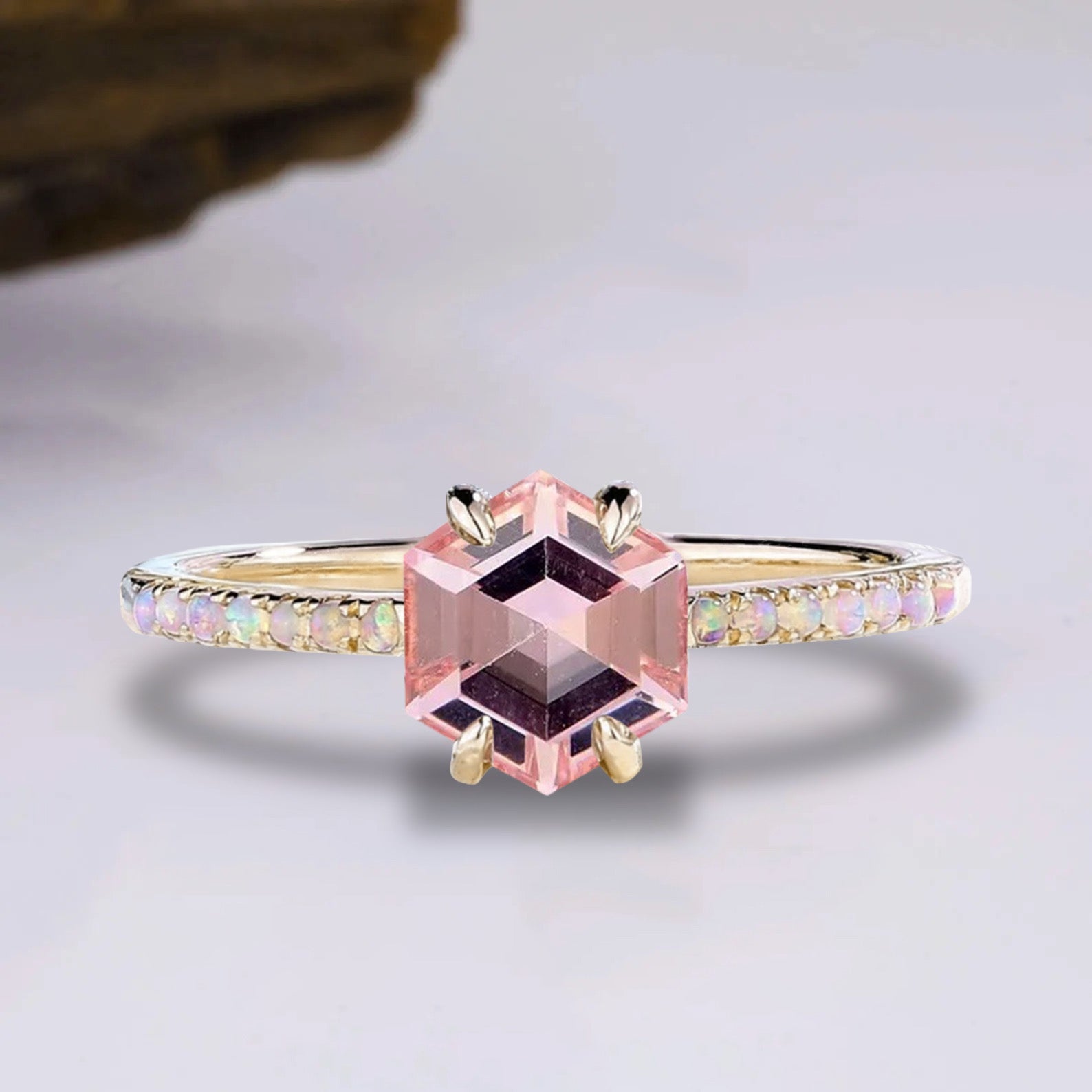 Emma Morganite & Opal Ring with pink morganite and opals