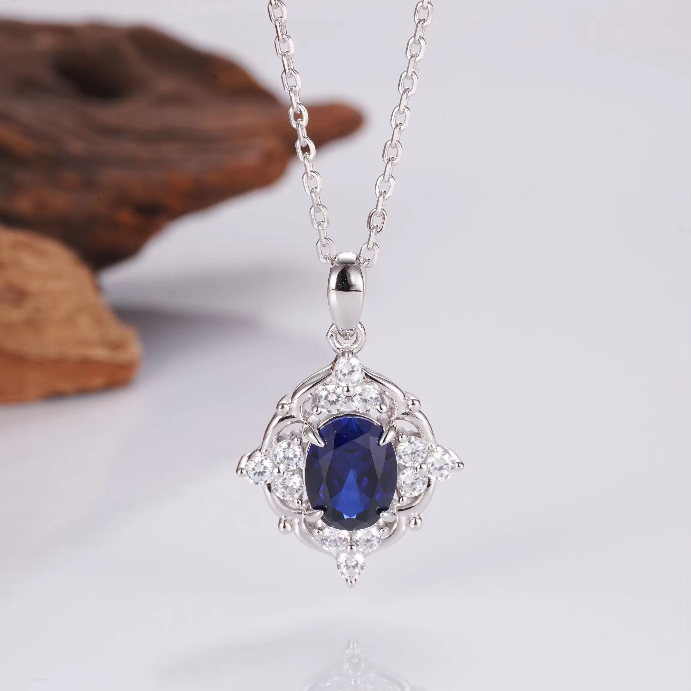 Sapphire necklace with rose gold setting and crystal accents | Sterling Silver