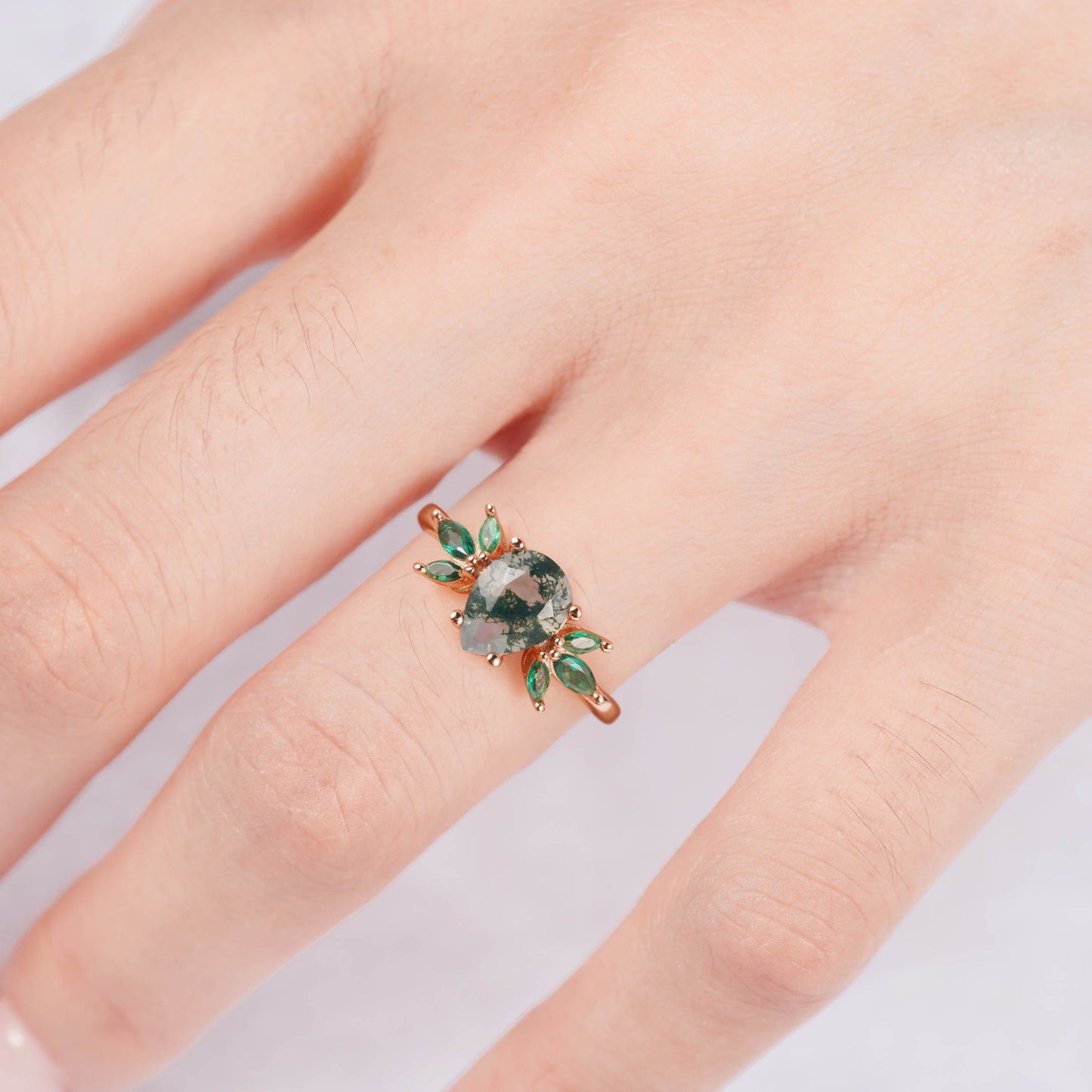 Ivy Moss Agate and Emerald Ring Rose Gold