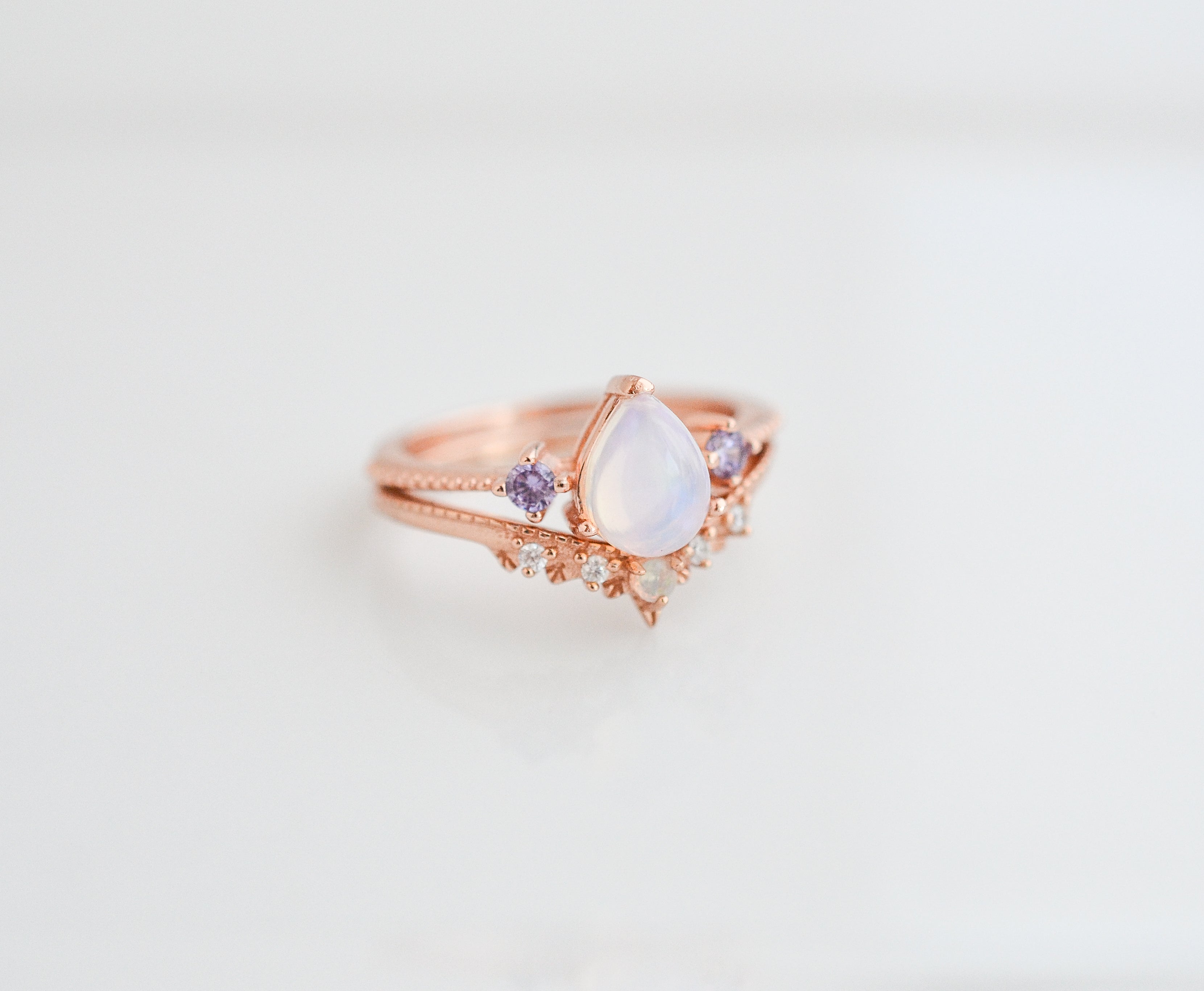 April Natural Opal and Amethyst Ring Set Rose Gold