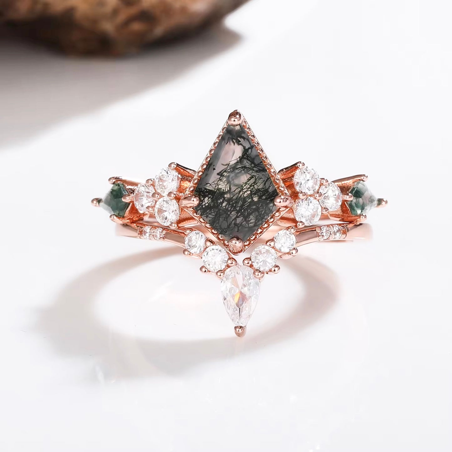 Kya Moss Agate Quartz Ring Set Rose Gold
