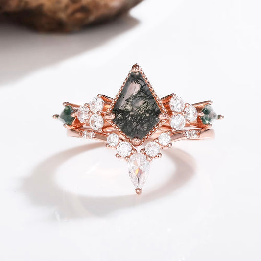 Kya Moss Agate Quartz Ring Set Rose Gold
