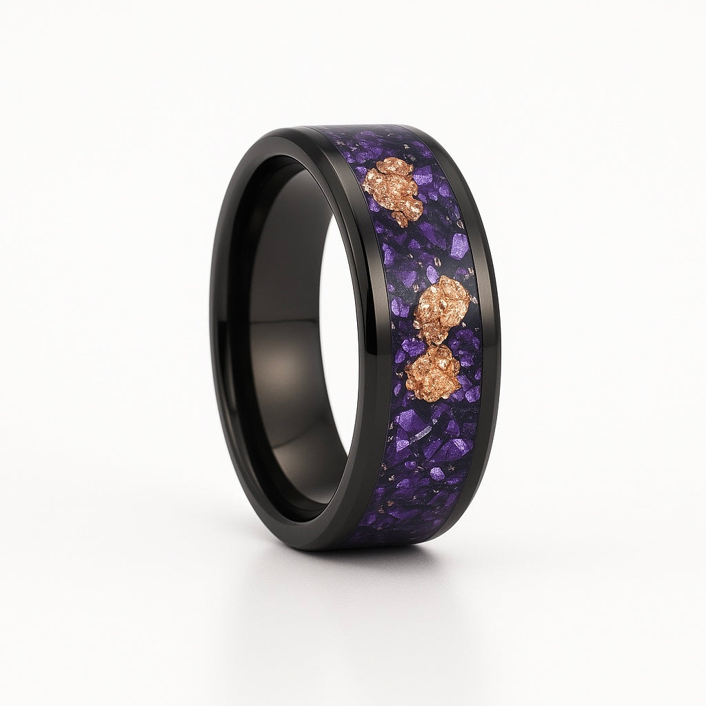 Mensi Natural Amethyst and 14K Gold Leaf Black Wedding Band