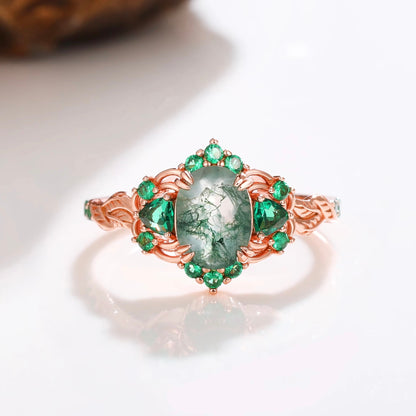 Lilly Moss Agate and Emerald Ring