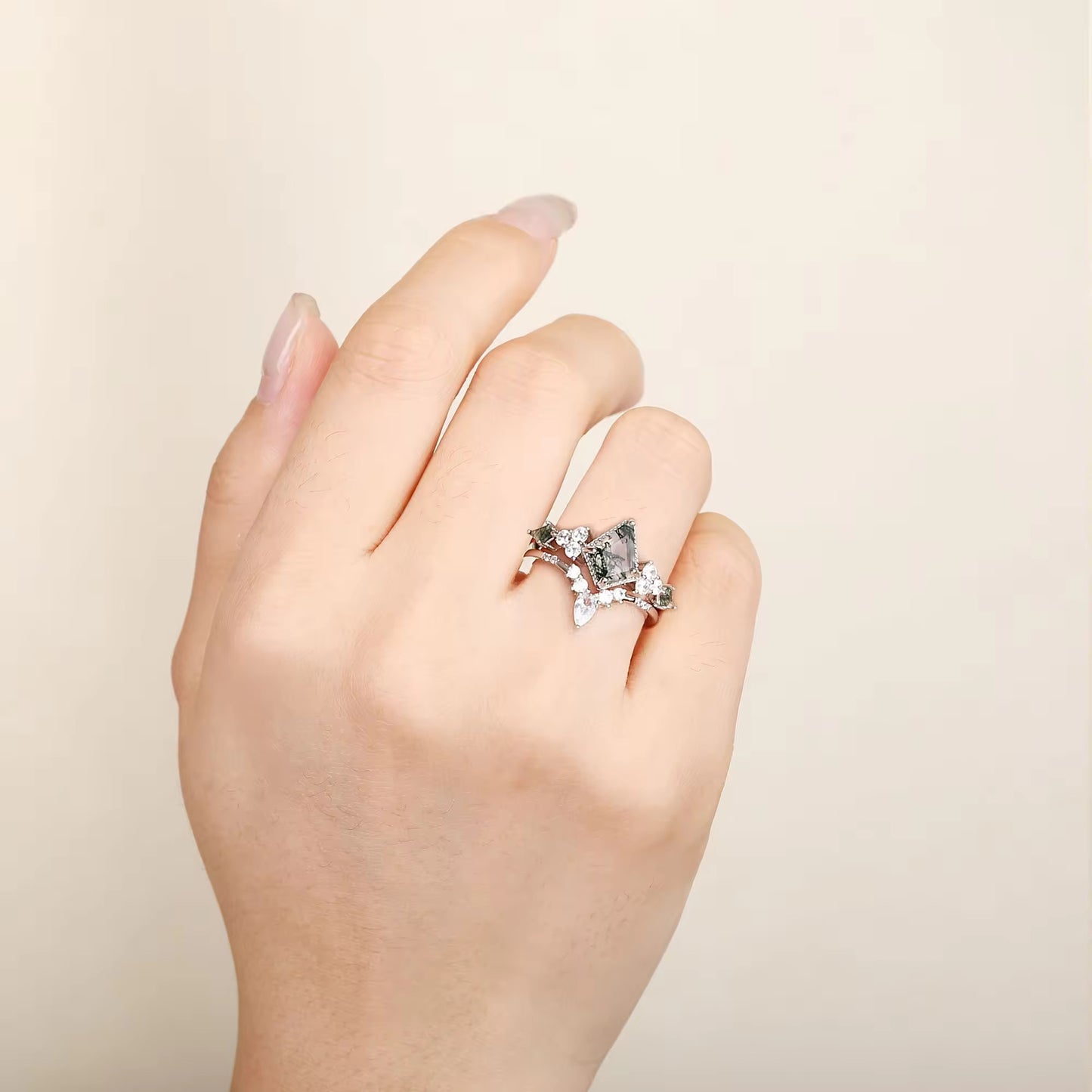 Kya Moss Agate Quartz Ring Set Rose Gold