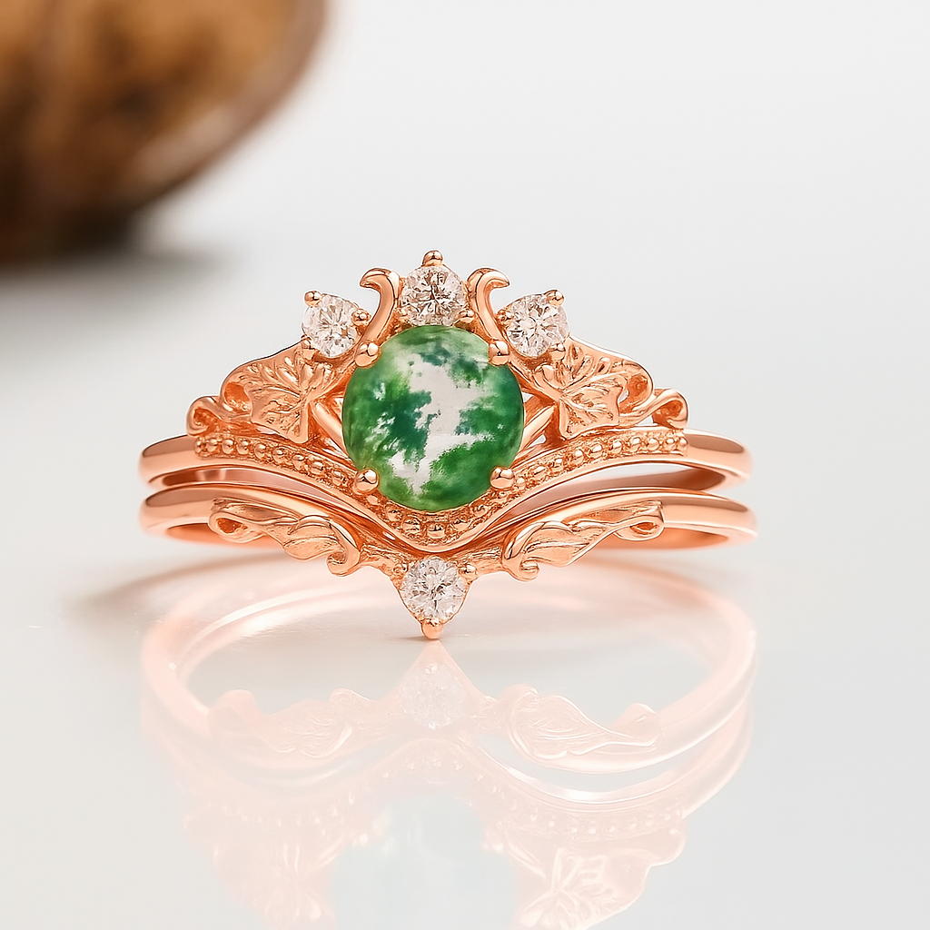 Ashla Moss Agate Ring Set Rose Gold