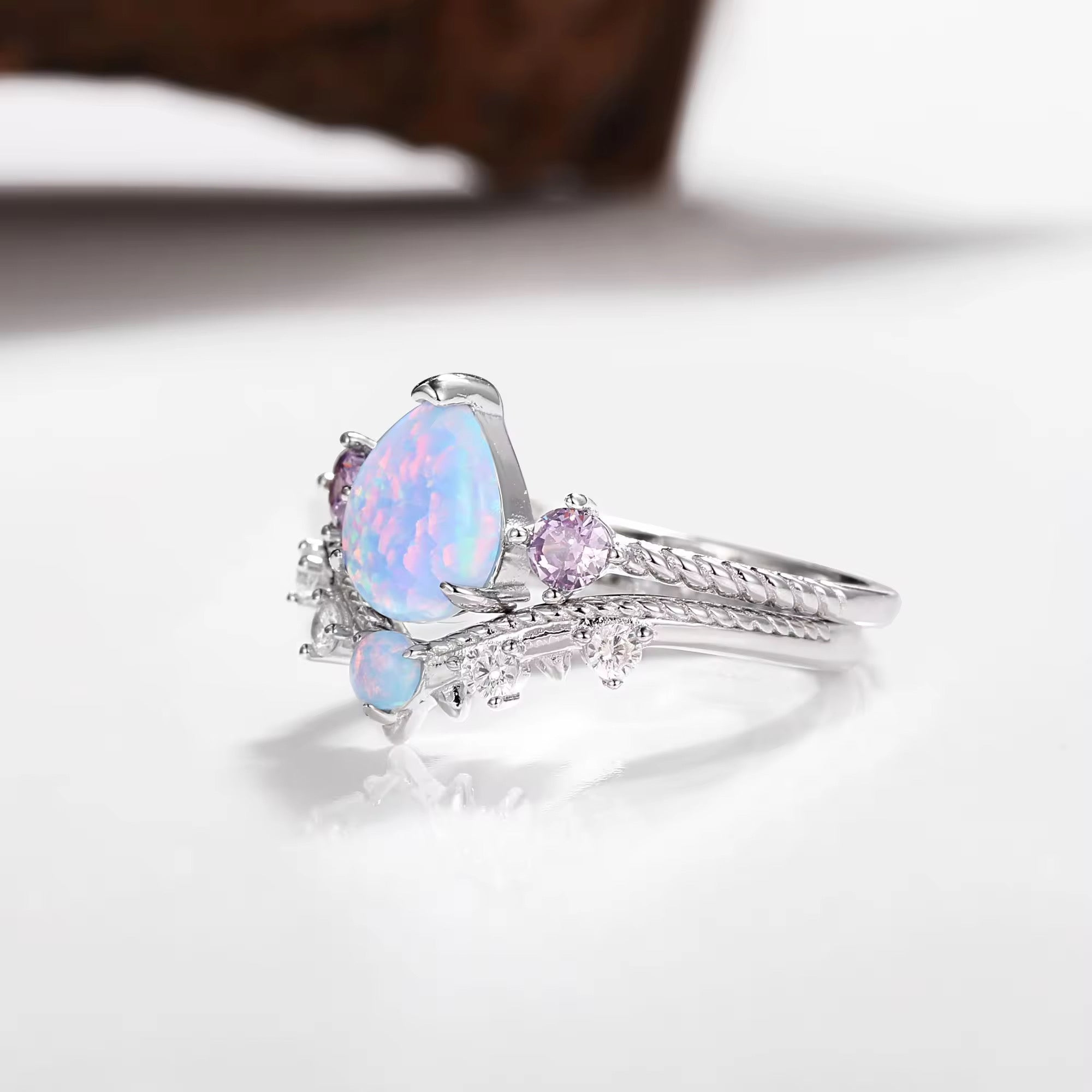 April Natural Opal and Amethyst Ring Set Sterling Silver