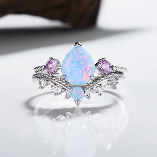 April Natural Opal and Amethyst Ring Set Sterling Silver