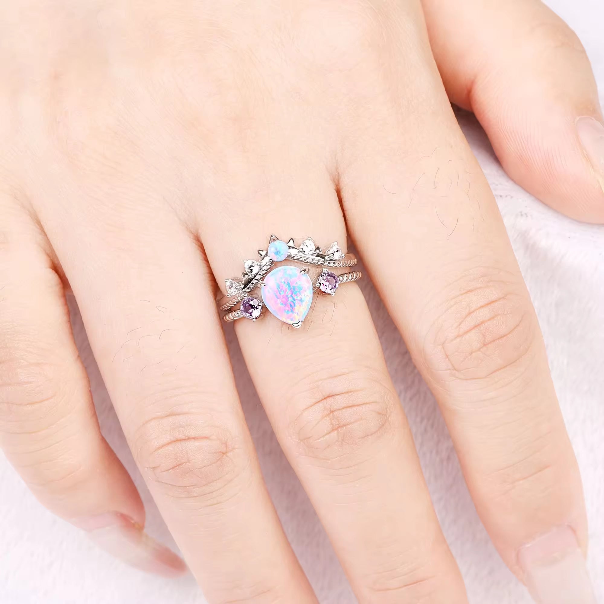 April Natural Opal and Amethyst Ring Set Sterling Silver