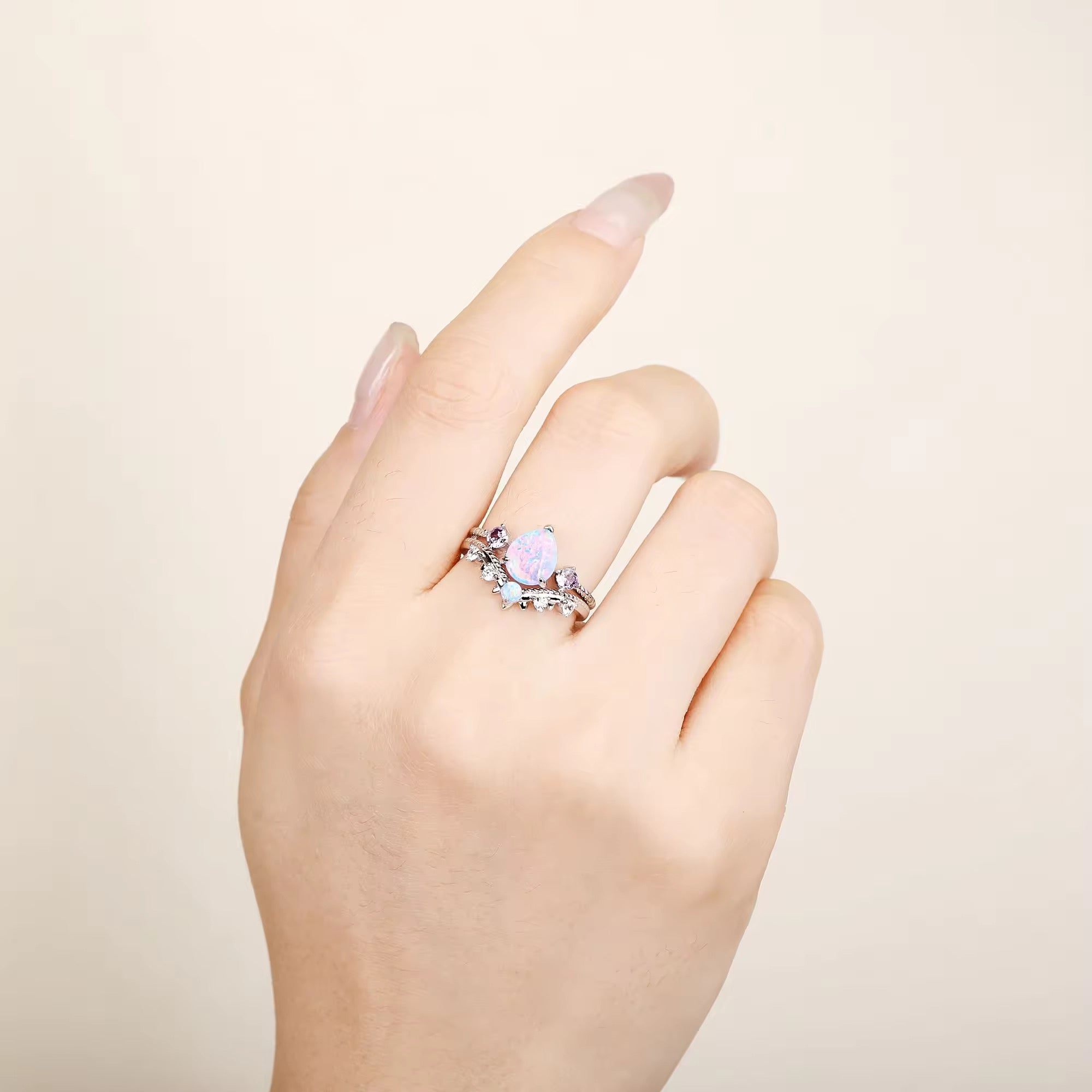 April Natural Opal and Amethyst Ring Set Sterling Silver