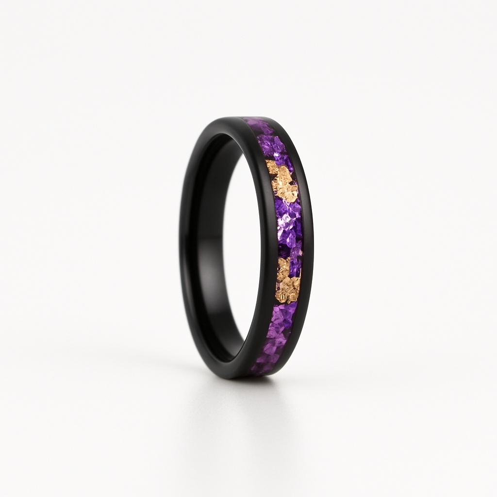 Mensi Natural Amethyst and 14K Gold Leaf Black Wedding Band