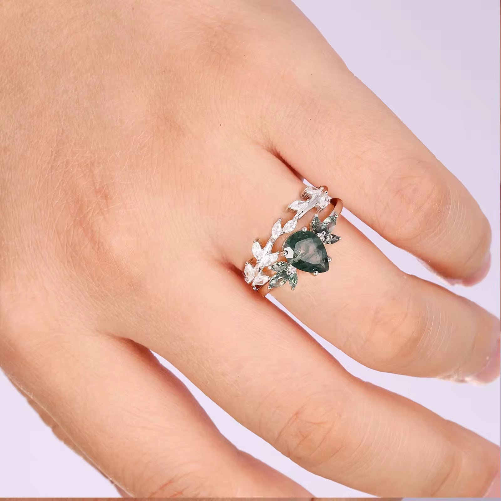 Ivy Moss Agate Quartz Leaf Ring Set Sterling Silver