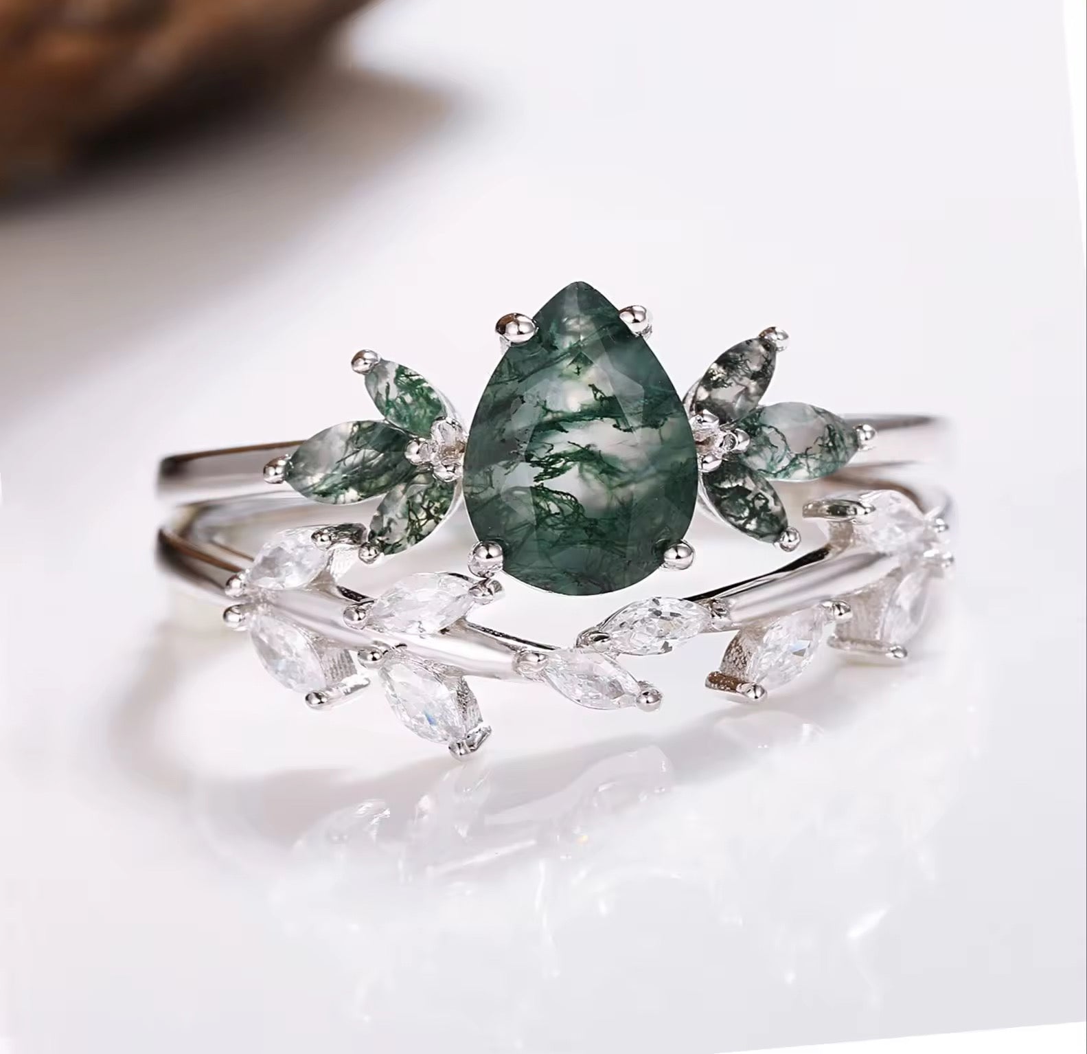 Ivy Moss Agate Quartz Leaf Ring Set Sterling Silver