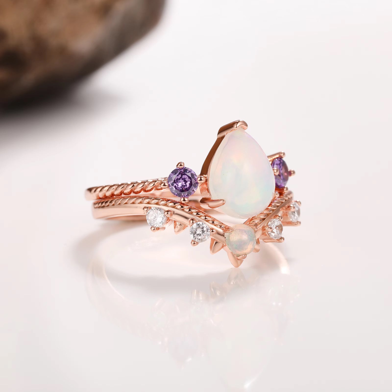April Natural Opal and Amethyst Ring Set Rose Gold