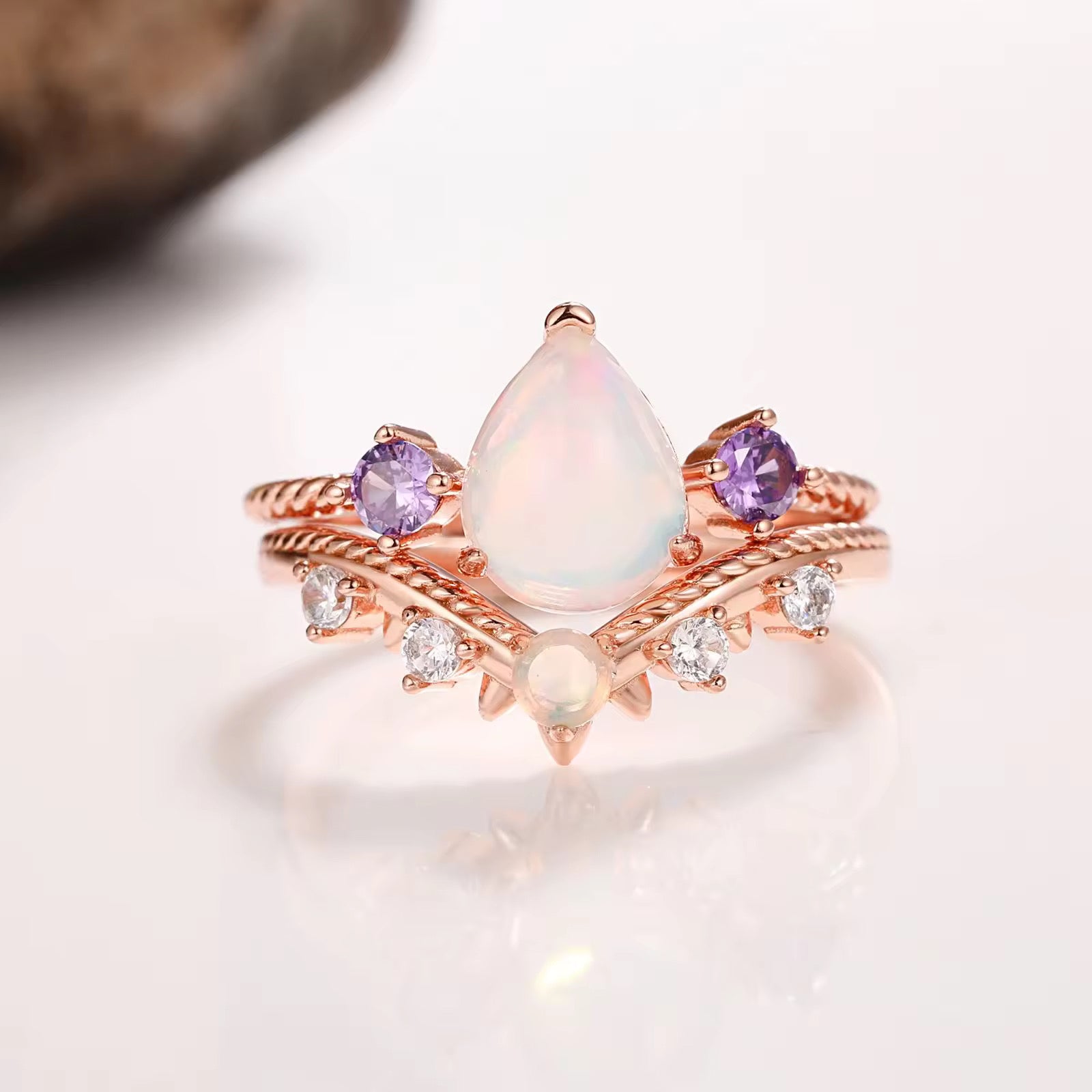 April Natural Opal and Amethyst Ring Set Rose Gold