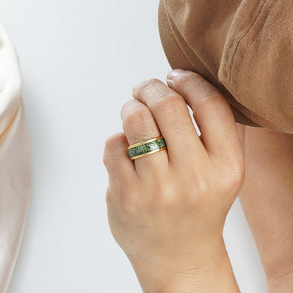 Moss agate wedding ring in sterling silver for men
