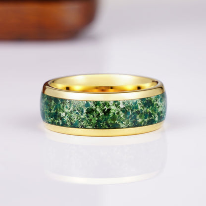 Moss agate wedding ring in sterling silver for men