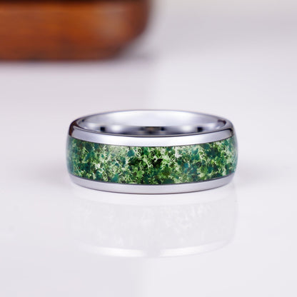 Moss agate wedding ring in sterling silver for men