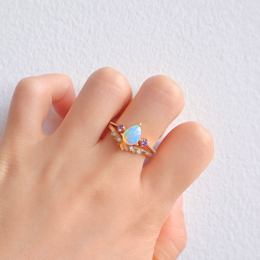 April Natural Opal and Amethyst Ring Set Gold
