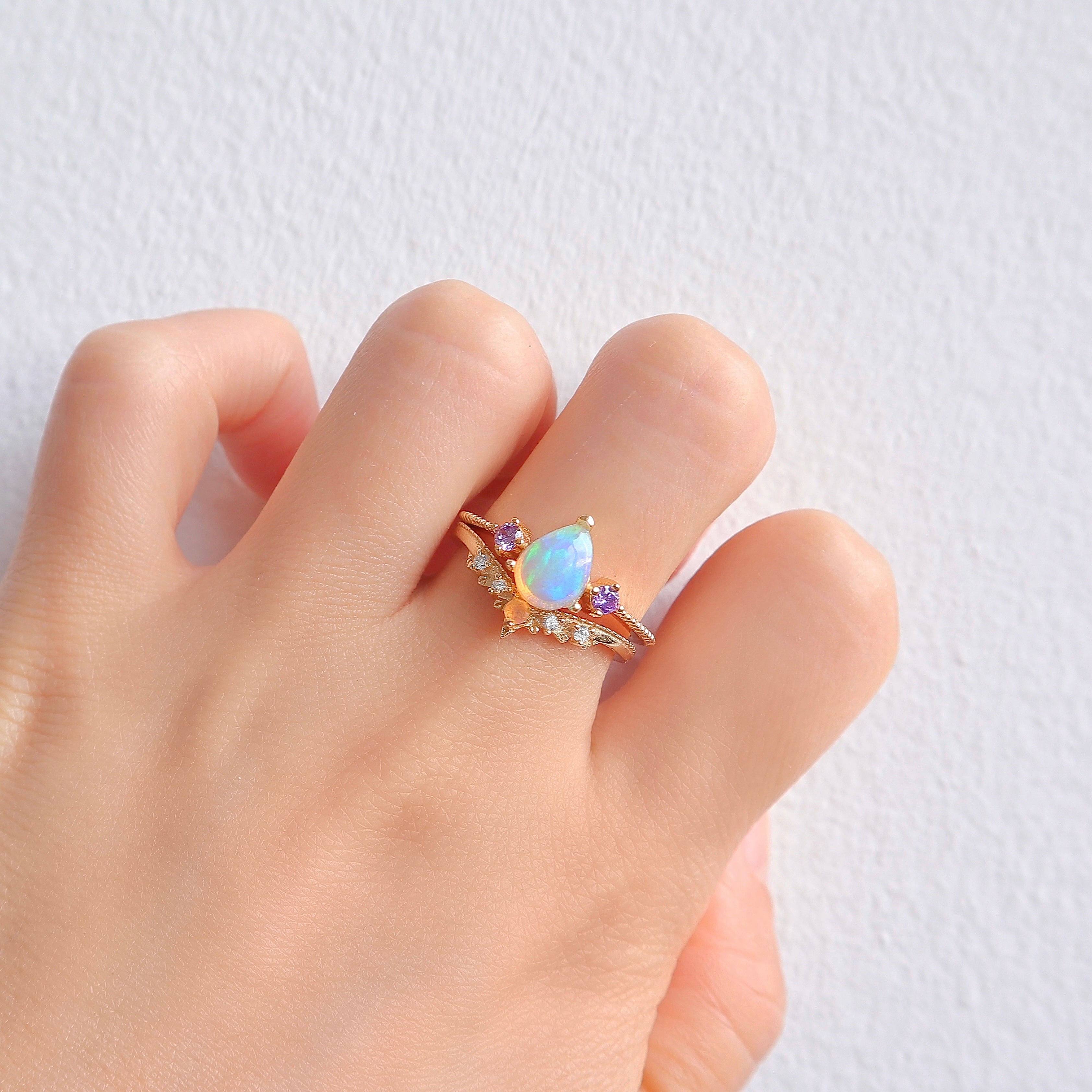 April Natural Opal and Amethyst Ring Set Rose Gold