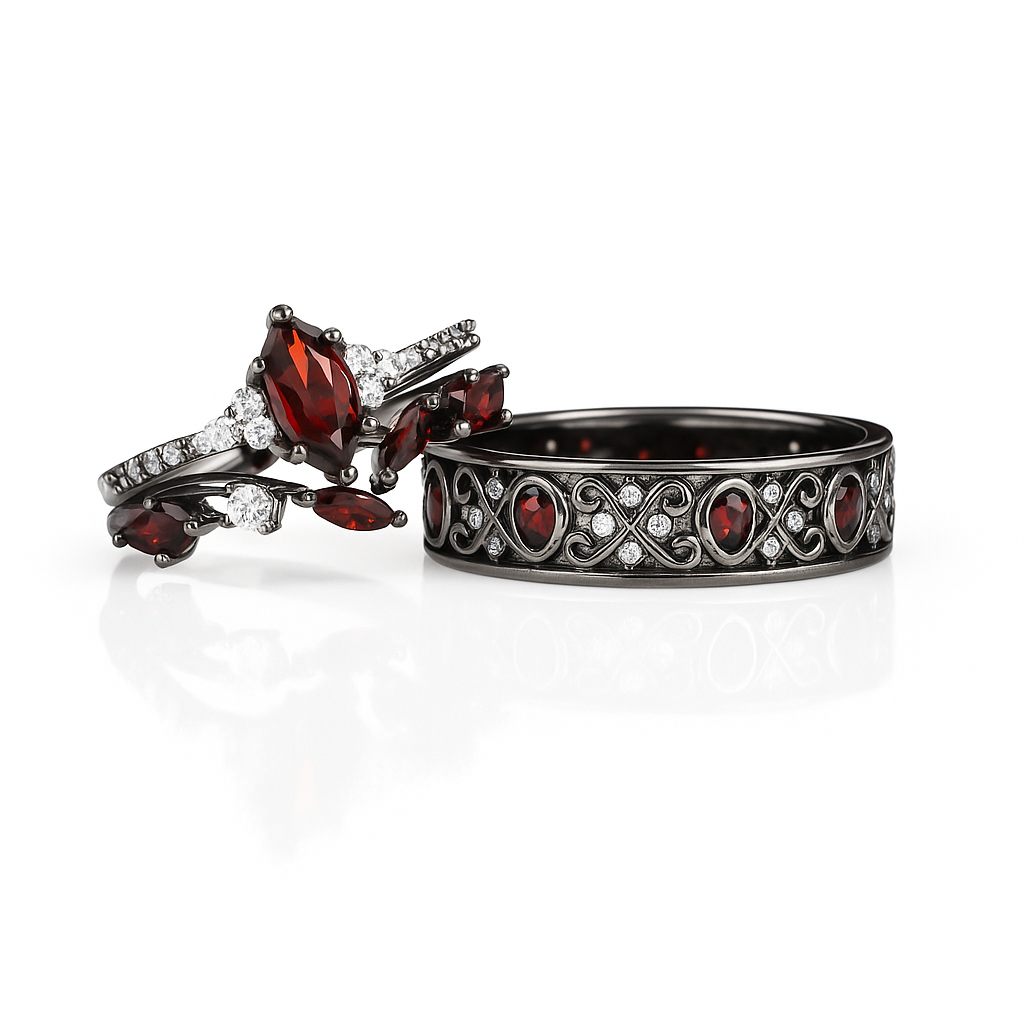 Maggie Natural Red Garnet Black Gold Couple's Ring Set